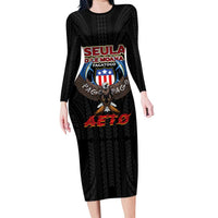 American Samoa Fautasi Family Matching Long Sleeve Bodycon Dress and Hawaiian Shirt Pago Pago Aeto and Iseula o le Moana of Fagatogo Black Color LT03 Mom's Dress Black - Polynesian Pride