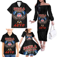 American Samoa Fautasi Family Matching Off The Shoulder Long Sleeve Dress and Hawaiian Shirt Pago Pago Aeto and Iseula o le Moana of Fagatogo Black Color LT03 - Polynesian Pride
