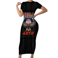 American Samoa Fautasi Family Matching Short Sleeve Bodycon Dress and Hawaiian Shirt Pago Pago Aeto and Iseula o le Moana of Fagatogo Black Color LT03 Mom's Dress Black - Polynesian Pride