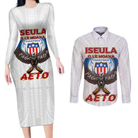 American Samoa Fautasi Couples Matching Long Sleeve Bodycon Dress and Long Sleeve Button Shirt Pago Pago Aeto and Iseula o le Moana of Fagatogo White Color LT03 White - Polynesian Pride