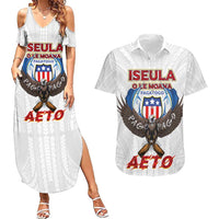 American Samoa Fautasi Couples Matching Summer Maxi Dress and Hawaiian Shirt Pago Pago Aeto and Iseula o le Moana of Fagatogo White Color LT03 White - Polynesian Pride