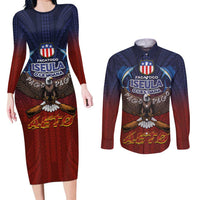 American Samoa Fautasi Couples Matching Long Sleeve Bodycon Dress and Long Sleeve Button Shirt Pago Pago Aeto and Iseula o le Moana of Fagatogo Red-Blue LT03 Blue - Polynesian Pride