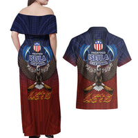 American Samoa Fautasi Couples Matching Off Shoulder Maxi Dress and Hawaiian Shirt Pago Pago Aeto and Iseula o le Moana of Fagatogo Red-Blue LT03 - Polynesian Pride