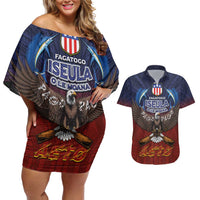 American Samoa Fautasi Couples Matching Off Shoulder Short Dress and Hawaiian Shirt Pago Pago Aeto and Iseula o le Moana of Fagatogo Red-Blue LT03 Blue - Polynesian Pride