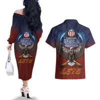 American Samoa Fautasi Couples Matching Off The Shoulder Long Sleeve Dress and Hawaiian Shirt Pago Pago Aeto and Iseula o le Moana of Fagatogo Red-Blue LT03 - Polynesian Pride