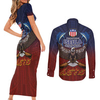 American Samoa Fautasi Couples Matching Short Sleeve Bodycon Dress and Long Sleeve Button Shirt Pago Pago Aeto and Iseula o le Moana of Fagatogo Red-Blue LT03 - Polynesian Pride