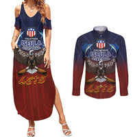 American Samoa Fautasi Couples Matching Summer Maxi Dress and Long Sleeve Button Shirt Pago Pago Aeto and Iseula o le Moana of Fagatogo Red-Blue LT03 Blue - Polynesian Pride