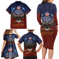 American Samoa Fautasi Family Matching Long Sleeve Bodycon Dress and Hawaiian Shirt Pago Pago Aeto and Iseula o le Moana of Fagatogo Red-Blue LT03 - Polynesian Pride