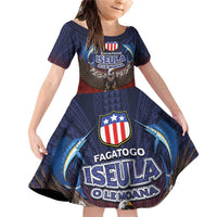 American Samoa Fautasi Family Matching Off Shoulder Short Dress and Hawaiian Shirt Pago Pago Aeto and Iseula o le Moana of Fagatogo Red-Blue LT03 Daughter's Dress Blue - Polynesian Pride