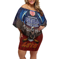 American Samoa Fautasi Family Matching Off Shoulder Short Dress and Hawaiian Shirt Pago Pago Aeto and Iseula o le Moana of Fagatogo Red-Blue LT03 Mom's Dress Blue - Polynesian Pride