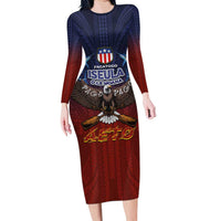 American Samoa Fautasi Long Sleeve Bodycon Dress Pago Pago Aeto and Iseula o le Moana of Fagatogo Red-Blue LT03 Long Dress Blue - Polynesian Pride