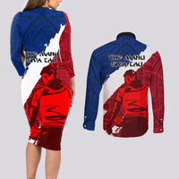 Samoa Rugby Couples Matching Long Sleeve Bodycon Dress and Long Sleeve Button Shirts Siva Tau Dance Polynesian Tattoo Brush Style LT03 - Polynesian Pride