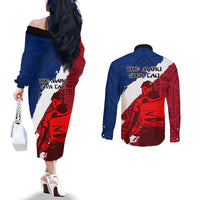 Samoa Rugby Couples Matching Off The Shoulder Long Sleeve Dress and Long Sleeve Button Shirts Siva Tau Dance Polynesian Tattoo Brush Style LT03 - Polynesian Pride
