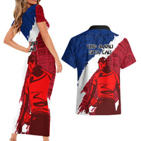 Samoa Rugby Couples Matching Short Sleeve Bodycon Dress and Hawaiian Shirt Siva Tau Dance Polynesian Tattoo Brush Style LT03 - Polynesian Pride