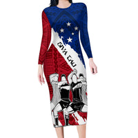 Samoa Rugby Family Matching Long Sleeve Bodycon Dress and Hawaiian Shirt Siva Tau Dance Polynesian Tattoo Brush Style LT03 Mom's Dress Red - Polynesian Pride