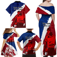 Samoa Rugby Family Matching Off Shoulder Maxi Dress and Hawaiian Shirt Siva Tau Dance Polynesian Tattoo Brush Style LT03 - Polynesian Pride