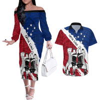 Custom Samoa Rugby Couples Matching Off The Shoulder Long Sleeve Dress and Hawaiian Shirt Siva Tau Dance Polynesian Tattoo Brush Style LT03 Red - Polynesian Pride