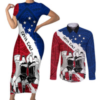 Custom Samoa Rugby Couples Matching Short Sleeve Bodycon Dress and Long Sleeve Button Shirts Siva Tau Dance Polynesian Tattoo Brush Style LT03 Red - Polynesian Pride