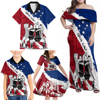 Custom Samoa Rugby Family Matching Off Shoulder Maxi Dress and Hawaiian Shirt Siva Tau Dance Polynesian Tattoo Brush Style LT03 - Polynesian Pride