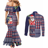 Hawaii Mele Kalikimaka Couples Matching Mermaid Dress and Long Sleeve Button Shirt Aloha and Christmas Elements Patchwork Blue Style LT03 - Polynesian Pride