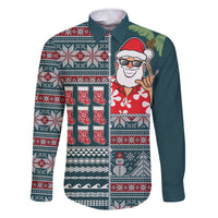 Hawaii Mele Kalikimaka Family Matching Off Shoulder Long Sleeve Dress and Hawaiian Shirt Aloha and Christmas Elements Patchwork Turquoise Style LT03 Dad's Shirt - Long Sleeve Turquoise - Polynesian Pride