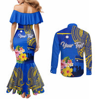 Personalised Nauru Independence Day Couples Matching Mermaid Dress and Long Sleeve Button Shirt Nauruan Tribal Flag Style LT03 - Polynesian Pride