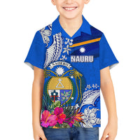 Personalised Nauru Coat of Arms Family Matching Long Sleeve Bodycon Dress and Hawaiian Shirt Tropical Flower Polynesian Pattern LT03 Son's Shirt Blue - Polynesian Pride