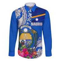 Personalised Nauru Coat of Arms Family Matching Off Shoulder Long Sleeve Dress and Hawaiian Shirt Tropical Flower Polynesian Pattern LT03 Dad's Shirt - Long Sleeve Blue - Polynesian Pride