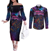 Aotearoa Arts Festival 2025 Couples Matching Off The Shoulder Long Sleeve Dress and Long Sleeve Button Shirt Maori Performing Art and Music - Rhythmic Vibes LT03 Black - Polynesian Pride