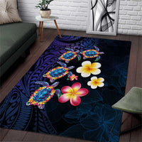 Hawaiian Turtles and Plumeria Area Rug Polynesian Art Tribal Tattoo Dark Aqua Color LT03 Blue - Polynesian Pride