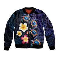 Hawaiian Turtles and Plumeria Bomber Jacket Polynesian Art Tribal Tattoo Dark Aqua Color LT03 Unisex Blue - Polynesian Pride