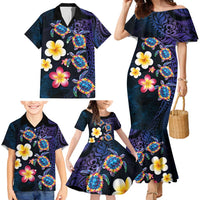Hawaiian Turtles and Plumeria Family Matching Mermaid Dress and Hawaiian Shirt Polynesian Art Tribal Tattoo Dark Aqua Color LT03 - Polynesian Pride