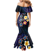 Hawaiian Turtles and Plumeria Family Matching Mermaid Dress and Hawaiian Shirt Polynesian Art Tribal Tattoo Dark Aqua Color LT03 - Polynesian Pride