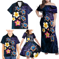 Hawaiian Turtles and Plumeria Family Matching Off Shoulder Maxi Dress and Hawaiian Shirt Polynesian Art Tribal Tattoo Dark Aqua Color LT03 - Polynesian Pride