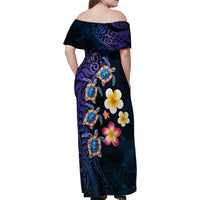 Hawaiian Turtles and Plumeria Family Matching Off Shoulder Maxi Dress and Hawaiian Shirt Polynesian Art Tribal Tattoo Dark Aqua Color LT03 - Polynesian Pride