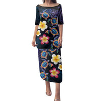 Hawaiian Turtles and Plumeria Family Matching Puletasi and Hawaiian Shirt Polynesian Art Tribal Tattoo Dark Aqua Color LT03 Mom's Dress Blue - Polynesian Pride
