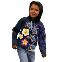 Hawaiian Turtles and Plumeria Kid Hoodie Polynesian Art Tribal Tattoo Dark Aqua Color LT03 - Polynesian Pride
