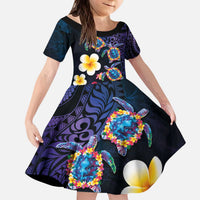 Hawaiian Turtles and Plumeria Kid Short Sleeve Dress Polynesian Art Tribal Tattoo Dark Aqua Color LT03 KID Blue - Polynesian Pride