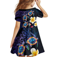 Hawaiian Turtles and Plumeria Kid Short Sleeve Dress Polynesian Art Tribal Tattoo Dark Aqua Color LT03 - Polynesian Pride