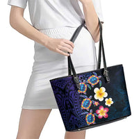 Hawaiian Turtles and Plumeria Leather Tote Bag Polynesian Art Tribal Tattoo Dark Aqua Color LT03 - Polynesian Pride