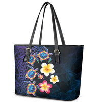 Hawaiian Turtles and Plumeria Leather Tote Bag Polynesian Art Tribal Tattoo Dark Aqua Color LT03 - Polynesian Pride
