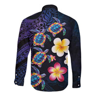 Hawaiian Turtles and Plumeria Long Sleeve Button Shirt Polynesian Art Tribal Tattoo Dark Aqua Color LT03 - Polynesian Pride