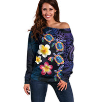 Hawaiian Turtles and Plumeria Off Shoulder Sweater Polynesian Art Tribal Tattoo Dark Aqua Color LT03 Women Blue - Polynesian Pride