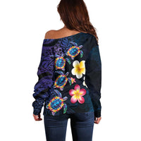 Hawaiian Turtles and Plumeria Off Shoulder Sweater Polynesian Art Tribal Tattoo Dark Aqua Color LT03 - Polynesian Pride