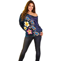 Hawaiian Turtles and Plumeria Off Shoulder Sweater Polynesian Art Tribal Tattoo Dark Aqua Color LT03 - Polynesian Pride