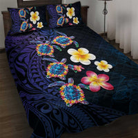 Hawaiian Turtles and Plumeria Quilt Bed Set Polynesian Art Tribal Tattoo Dark Aqua Color LT03 Blue - Polynesian Pride