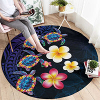 Hawaiian Turtles and Plumeria Round Carpet Polynesian Art Tribal Tattoo Dark Aqua Color LT03 - Polynesian Pride