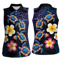 Hawaiian Turtles and Plumeria Women Sleeveless Polo Shirt Polynesian Art Tribal Tattoo Dark Aqua Color LT03 - Polynesian Pride