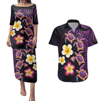 Hawaiian Turtles and Plumeria Couples Matching Puletasi and Hawaiian Shirt Polynesian Art Tribal Tattoo Deep Violet Color LT03 Purple - Polynesian Pride