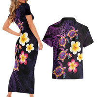 Hawaiian Turtles and Plumeria Couples Matching Short Sleeve Bodycon Dress and Hawaiian Shirt Polynesian Art Tribal Tattoo Deep Violet Color LT03 - Polynesian Pride